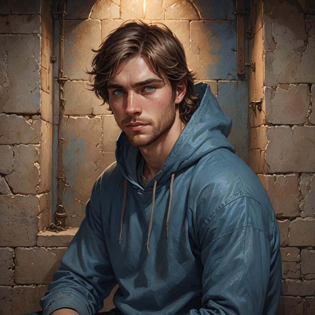 Medieval Prison: Young Man in Cell, Hyperdetailed Art