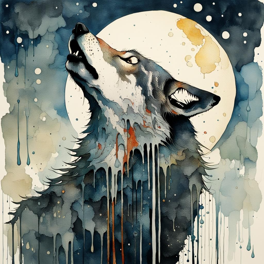 Wolf Howling at Moon with Dripping Paint