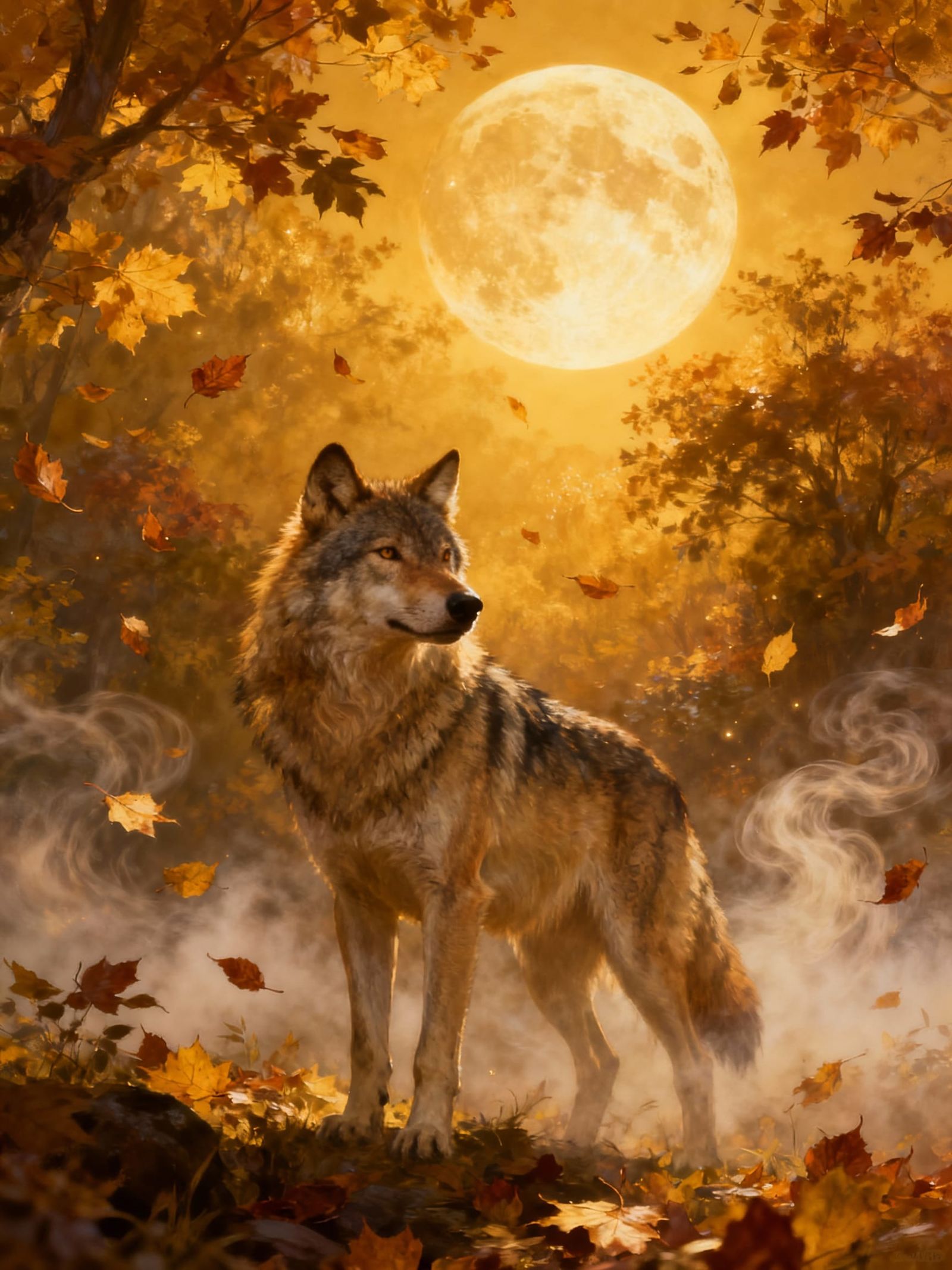 Lone Wolf Under Golden Harvest Moon in Autumn Mist
