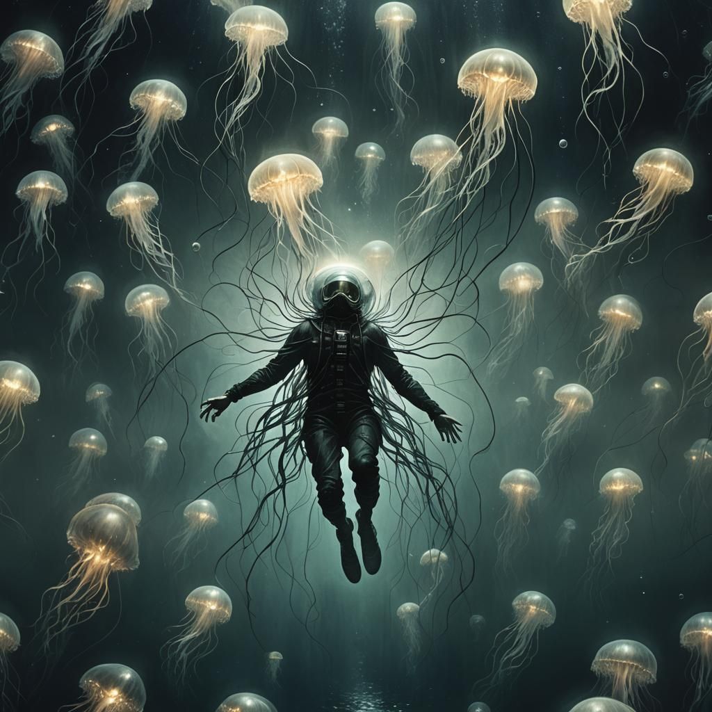 Abyssal Horror: Figure in a Dark Surrealist Ocean