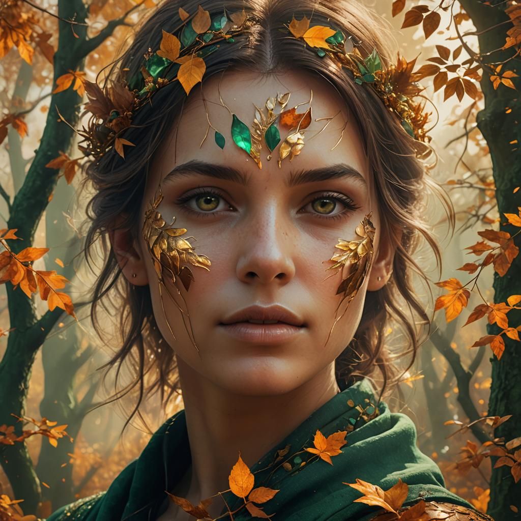 Autumnal Woman's Face in Dreamlike Landscape