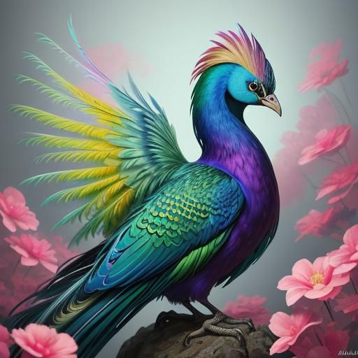 Silver Woman with Peacock Plumage in Fauvist Colors