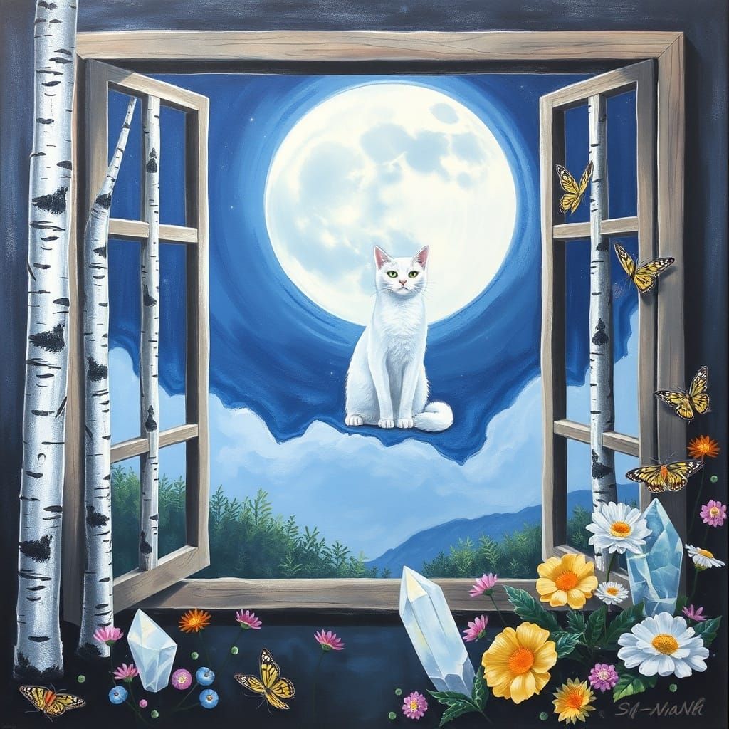 White Cat on Moon in Surreal Chalk Art