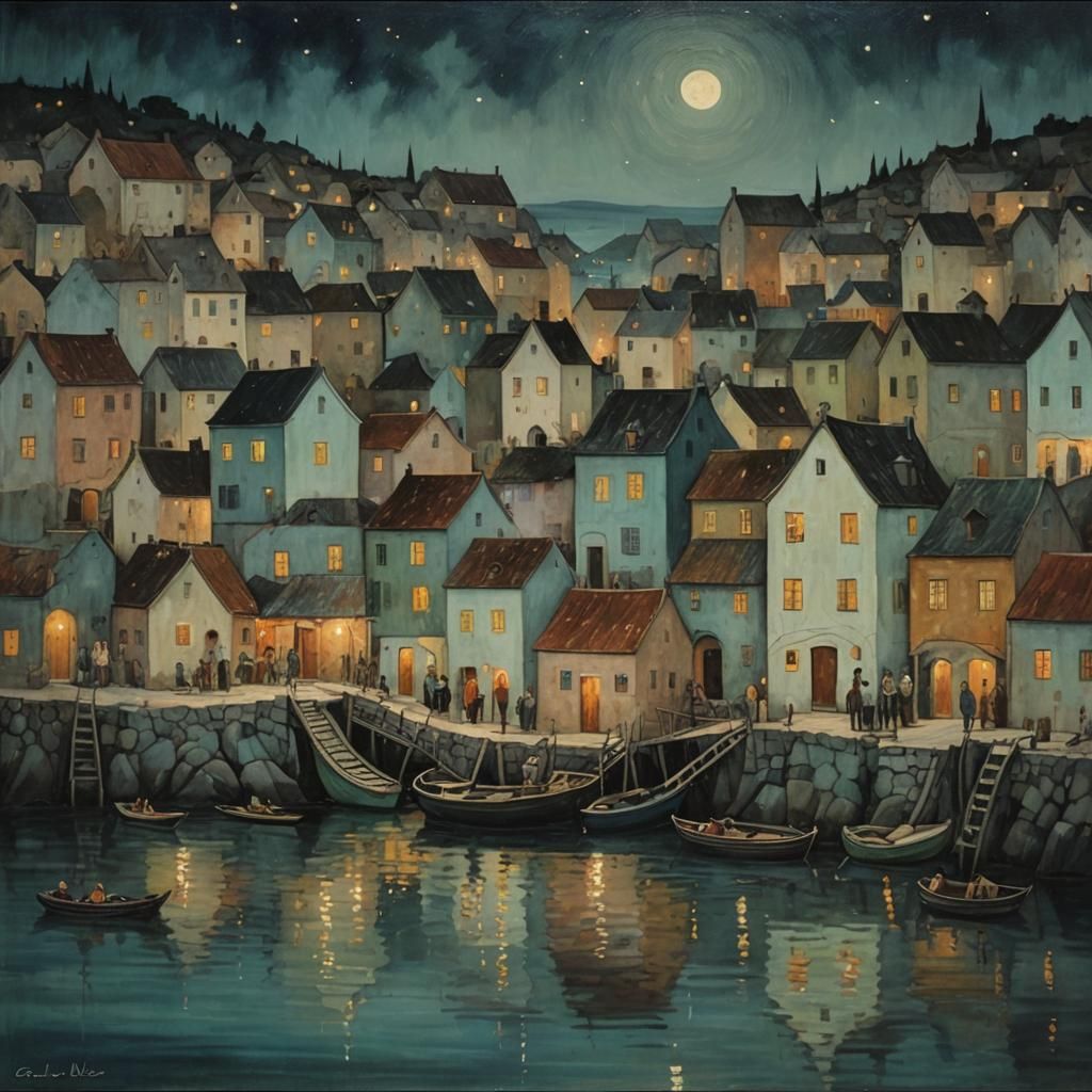 Fishing Village at Night: Klimt-Inspired Oil Painting