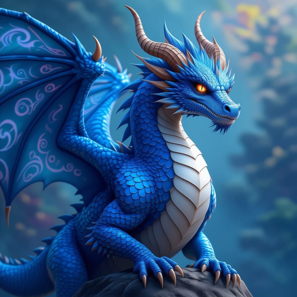 Majestic Blue Dragon with Glowing Patterns and Swirl Wings