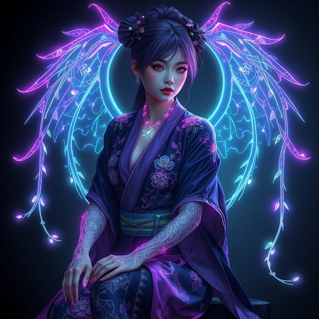 Cyberpunk Goddess with Bioluminescent Tattoos and Futuristic...