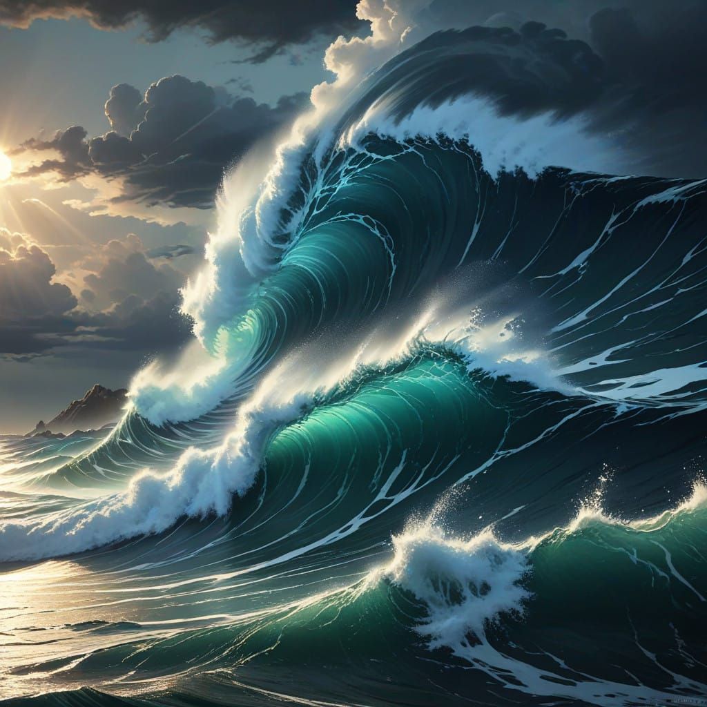 Surreal Stormy Sea with Massive Waves in Cinematic Lighting
