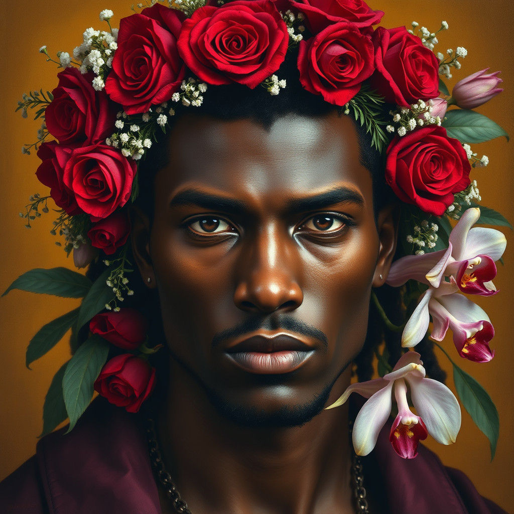 Regal Dark-Skinned Man Adorned with Flowers
