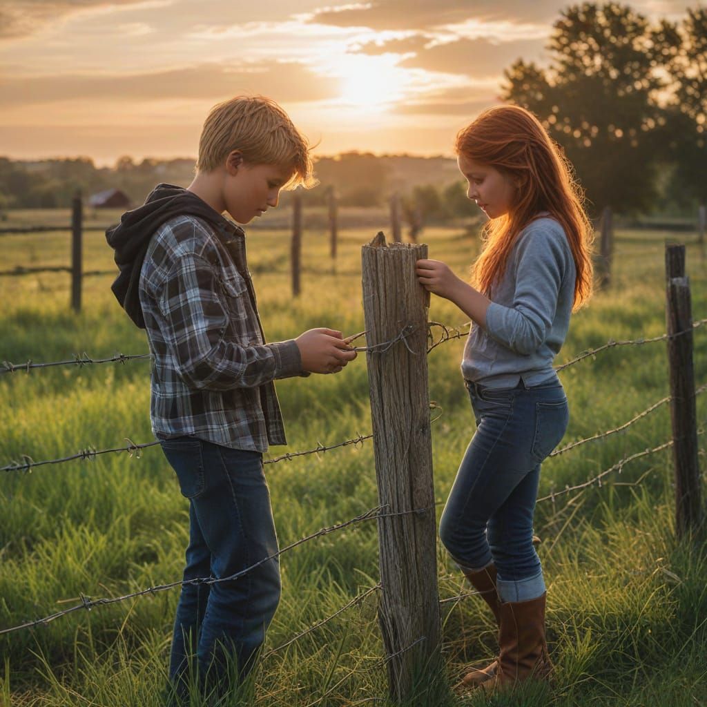 Children Repairing Fence in Rustic Farm Landscape