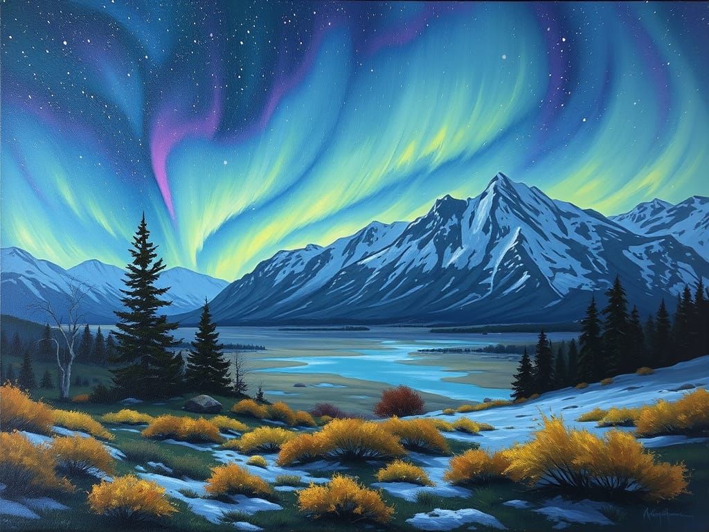 Northern Lights Over a Serene Landscape in Oil