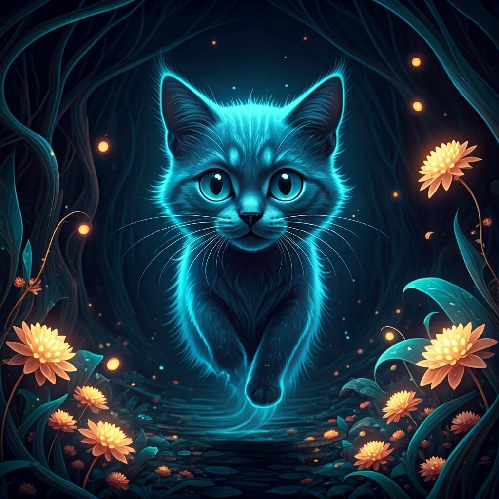 Ethereal Ghost Cat in Bioluminescent Forest