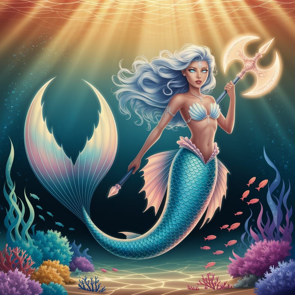 Enchanted Mermaid with Glowing Halberd