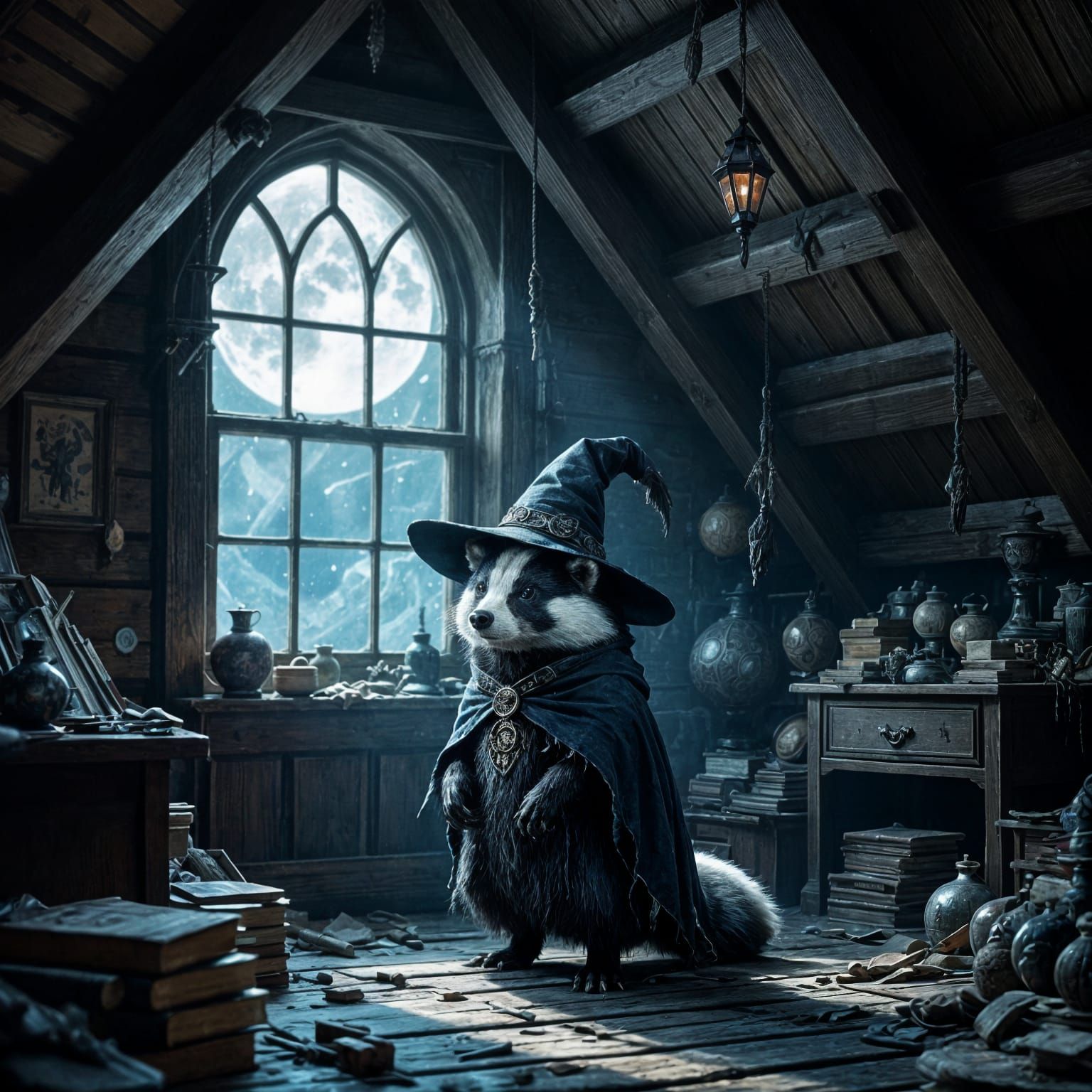 Badger Wizard in Dusty Attic - Dark Fantasy Concept Art