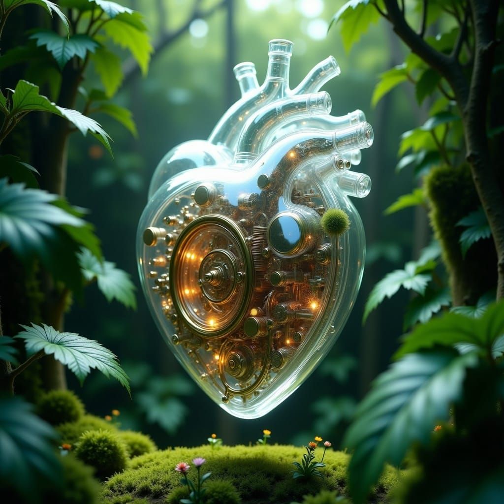 Transparent Clockwork Heart with Glowing Gears and Leaves
