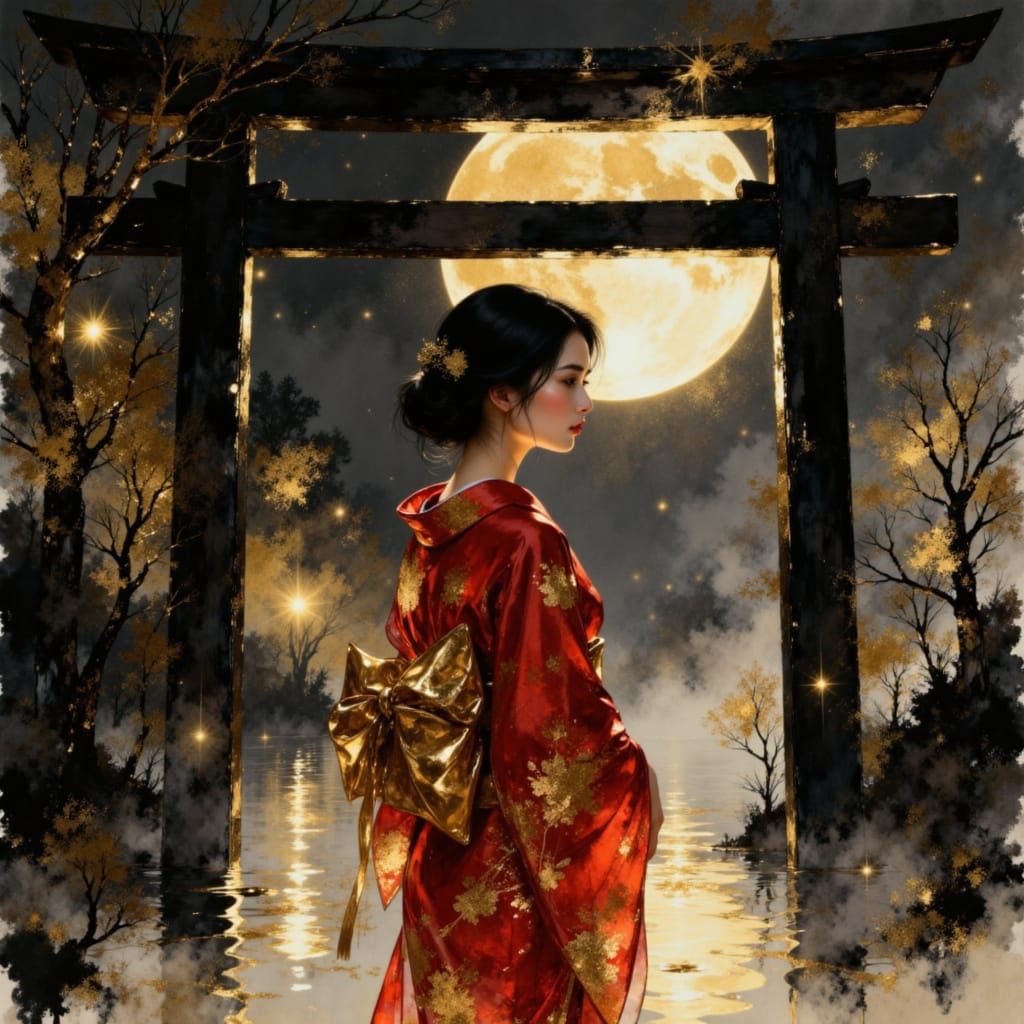 Geisha Waits Under Moonlight at Tori Gate