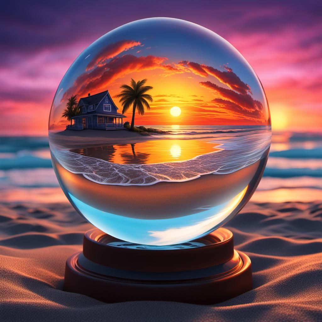 Sunset Beach in Crystal Ball, Surreal Digital Art