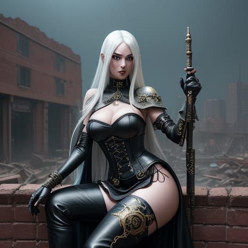 Cyberpunk Sorceress with Crescent Weapon in Ruined City