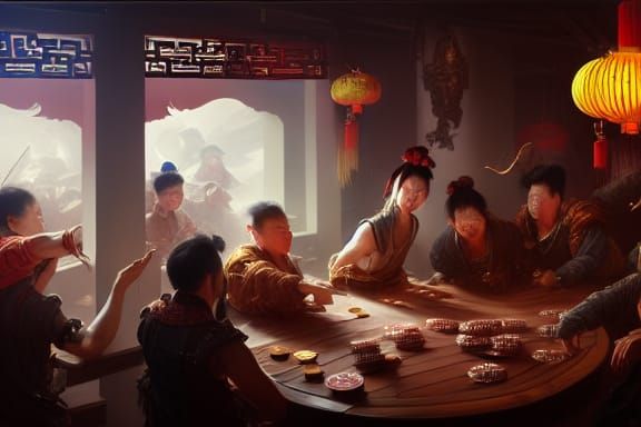 Pirate Tavern Scene in Traditional Chinese Style