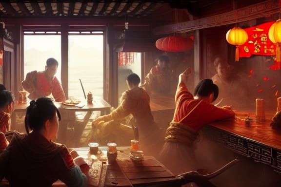 Pirate Tavern Scene in Traditional Chinese Style