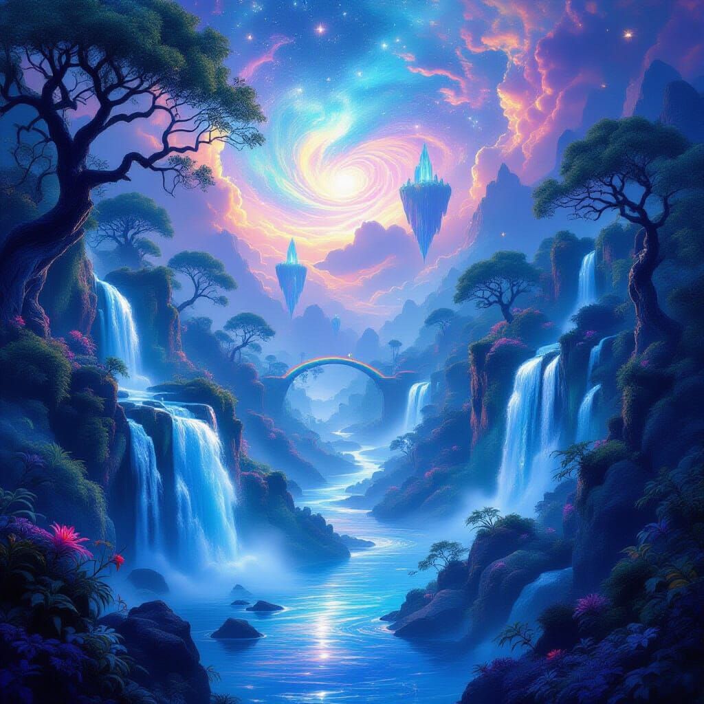 Surreal Magical Landscape with Crystal Waterfalls and Nebula...