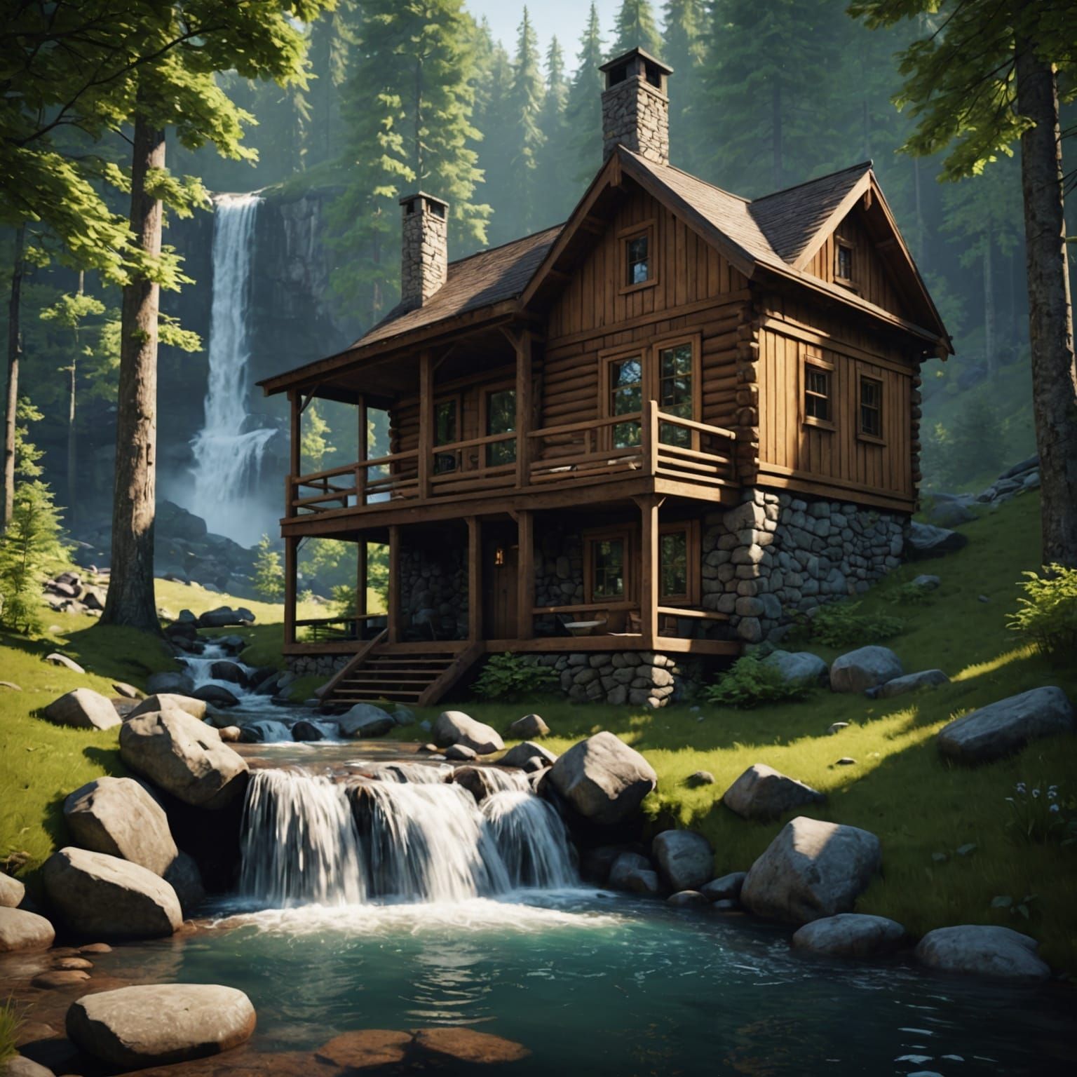 Cabin by Waterfall: 3D Rendered Forest Scene