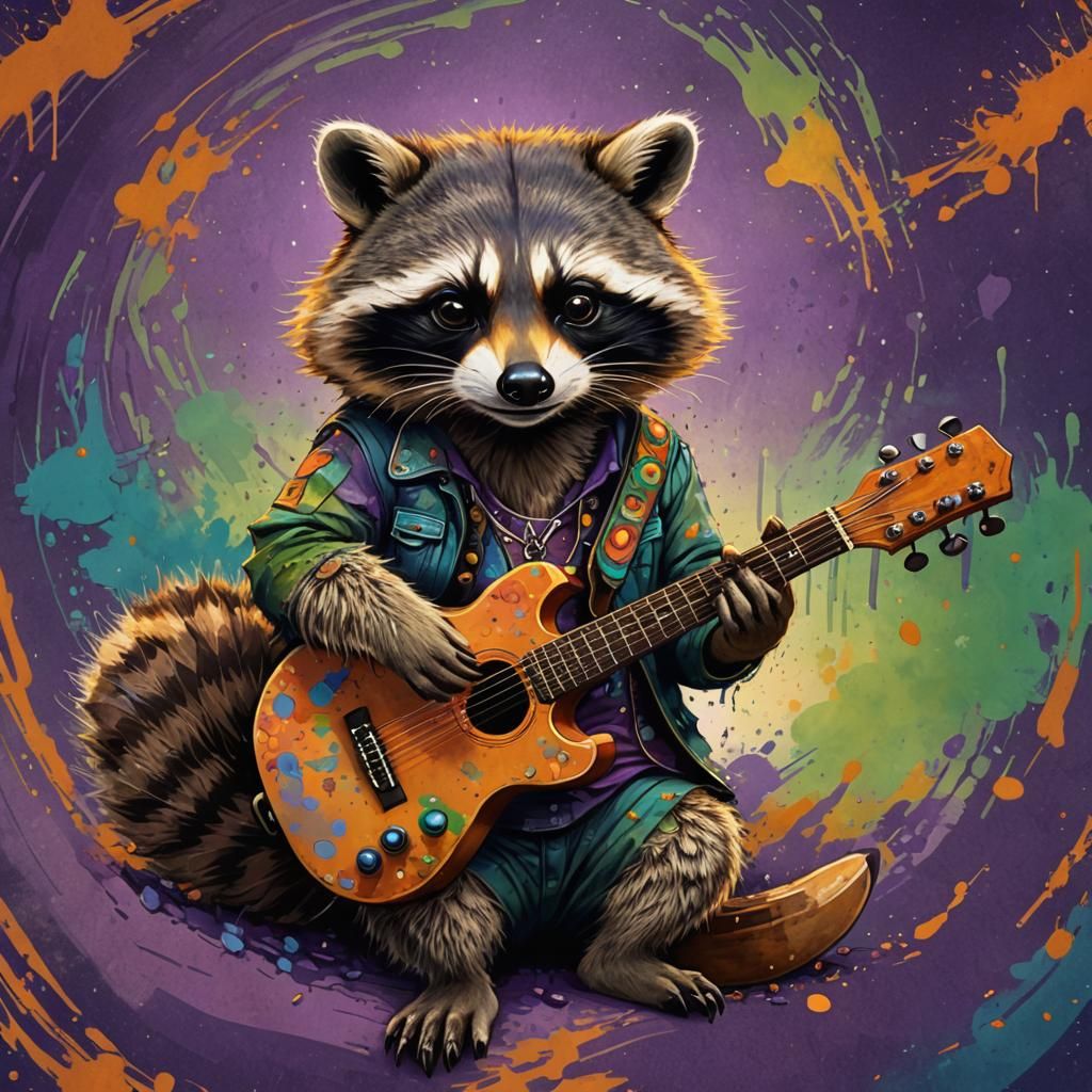 Raccoon Guitarist in Fantastical Digital Art