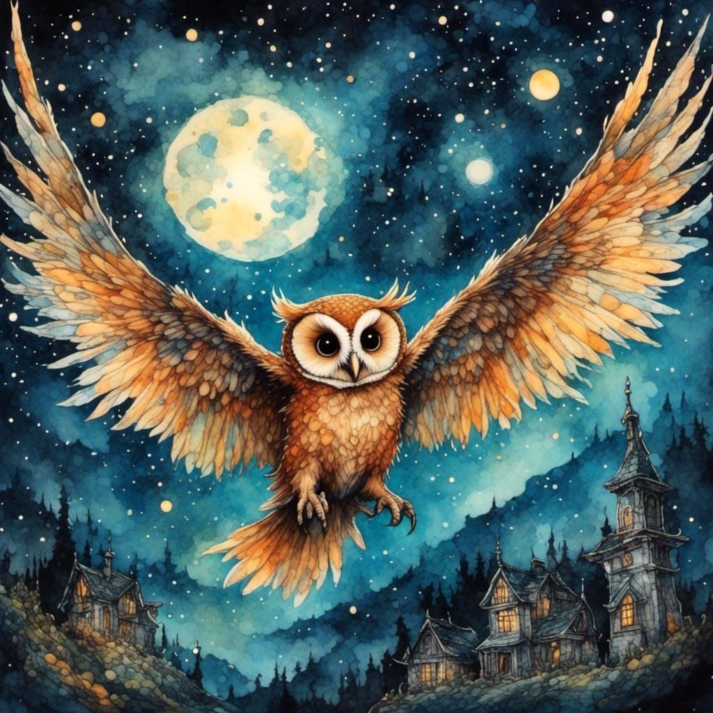 Evil Owl Swooping in Starry Night Sky