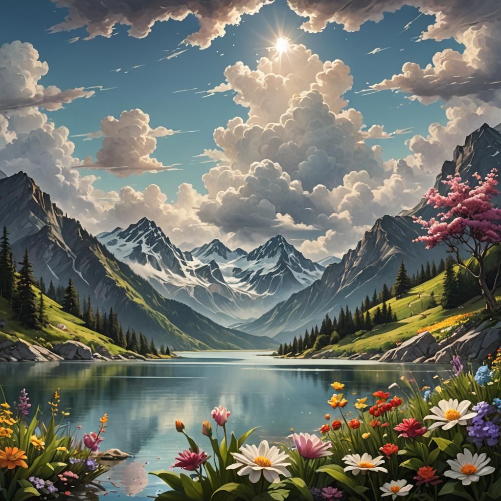 Hyperrealistic Mountain Lake with Flowers and Clouds