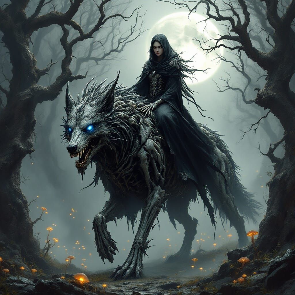 Ethereal Necromancer and Her Luminous Dire Wolf in Dark Fant...