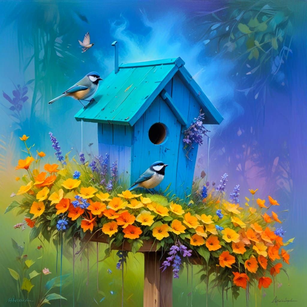 Misty Birds in Australian Garden Scene, Oil Painting