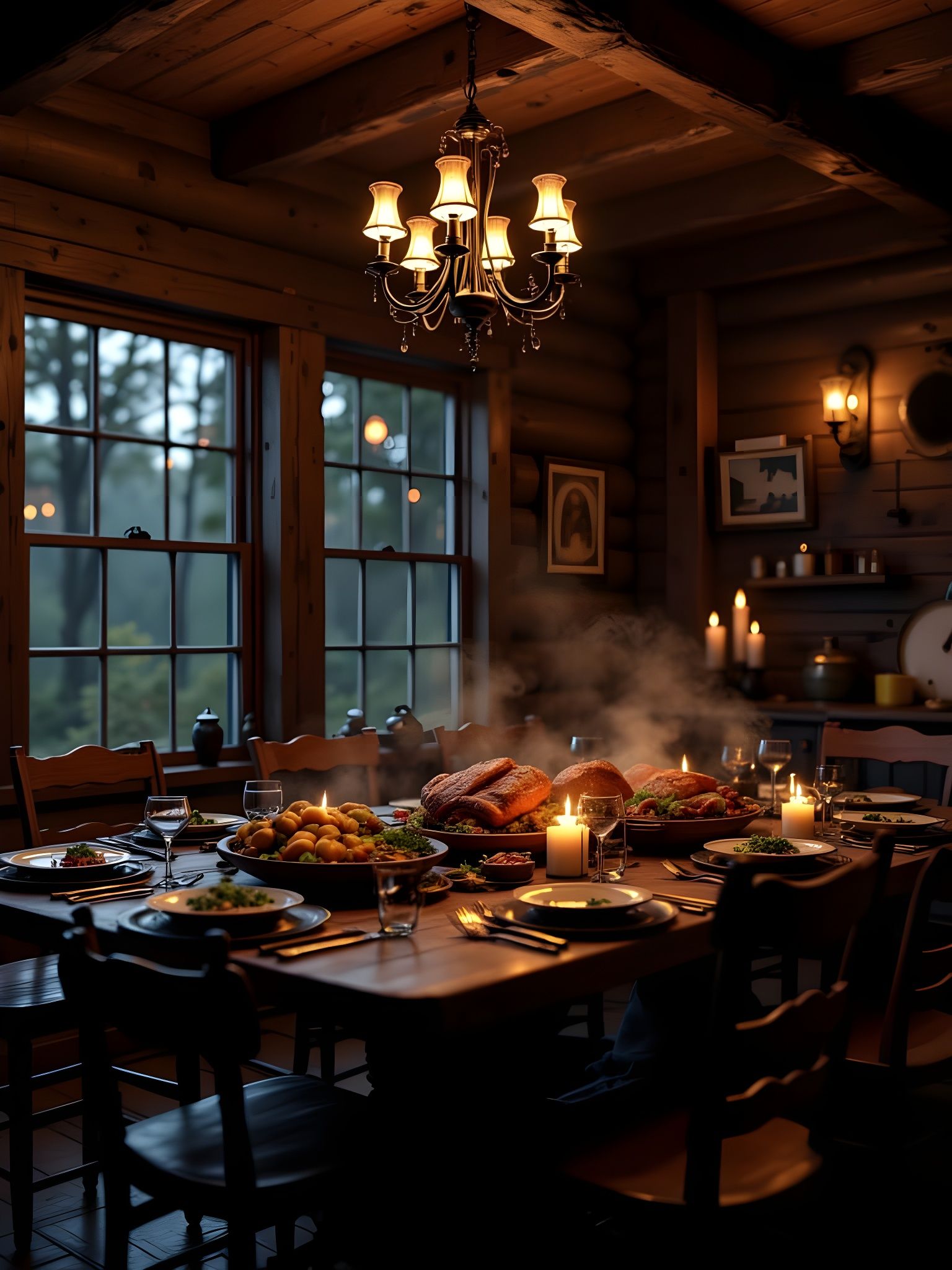 Cozy Cabin Dining Room at Night with Warm Lighting