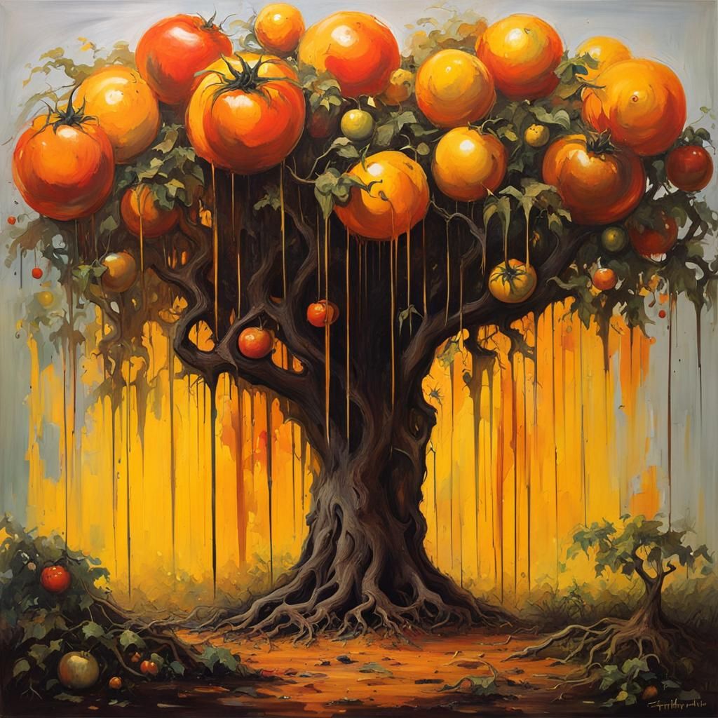 Rotting Eldritch Tomato Tree in Action Painting Style