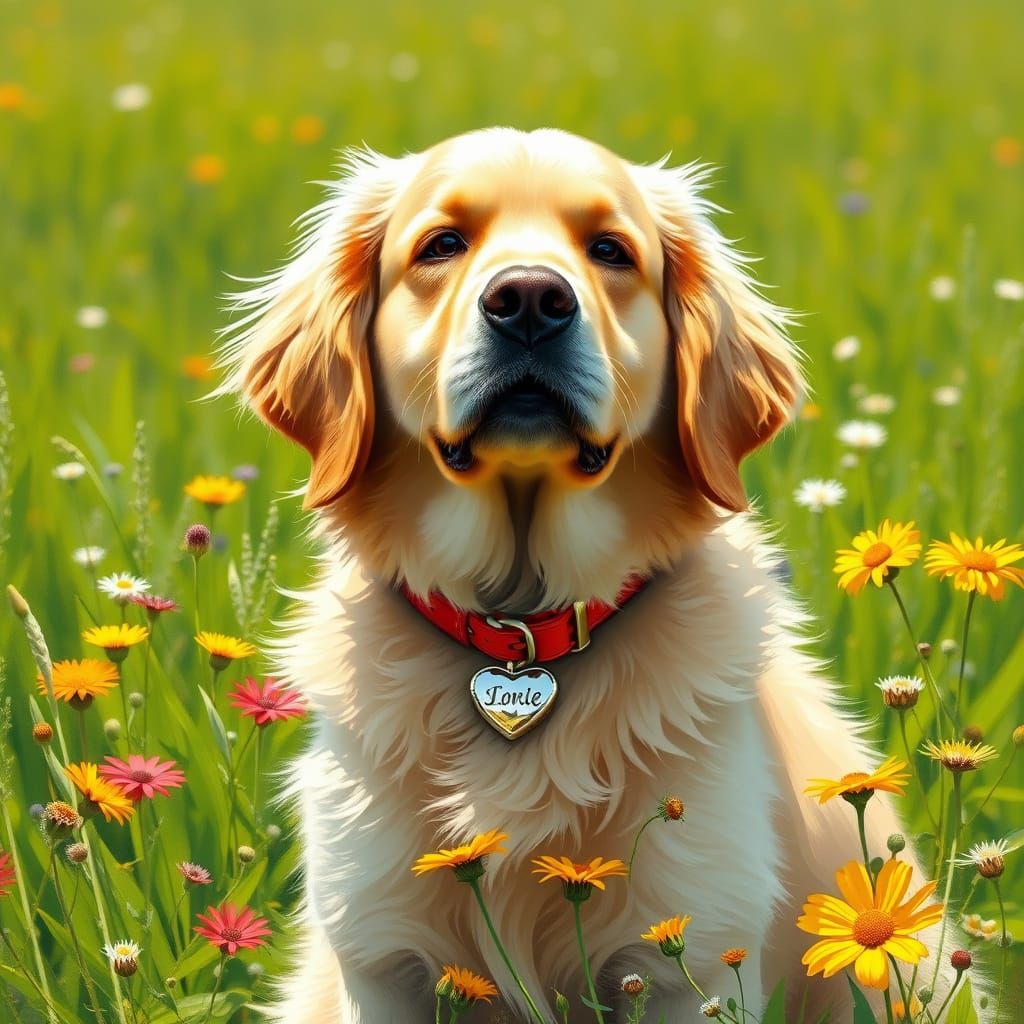 Golden Retriever in a Heart Collar, Norman Rockwell Style