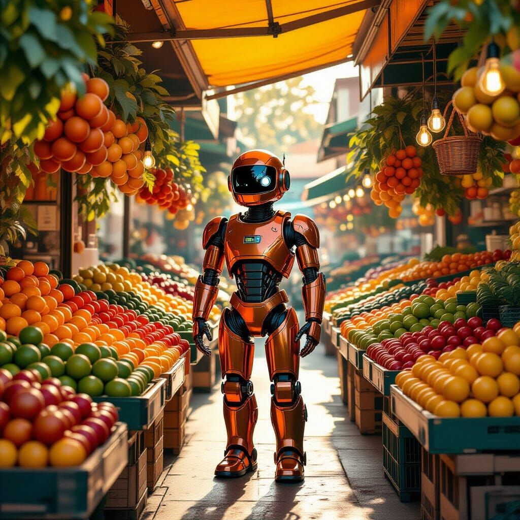 Whimsical Robot at Fruit Market, Golden Hour