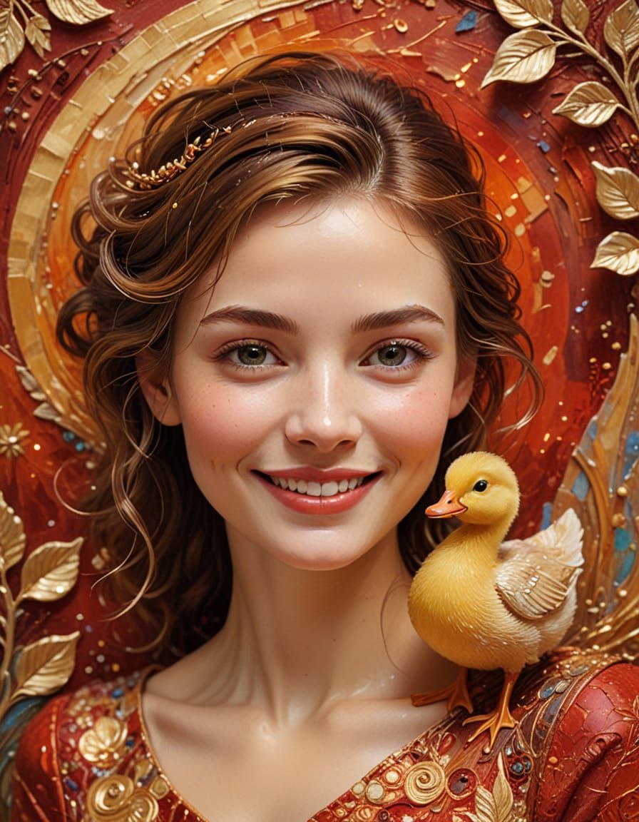 Elegant Lady with Duckling in Impasto Style