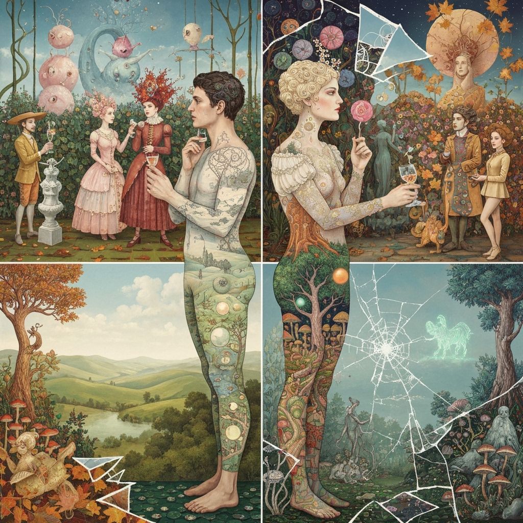 Surreal Cosmic Garden Party with Dreamlike Figures