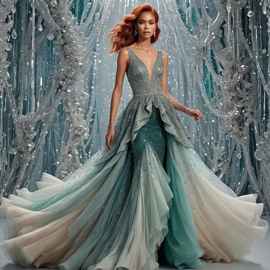 Woman in Beaded Gown in Opulent Ballroom