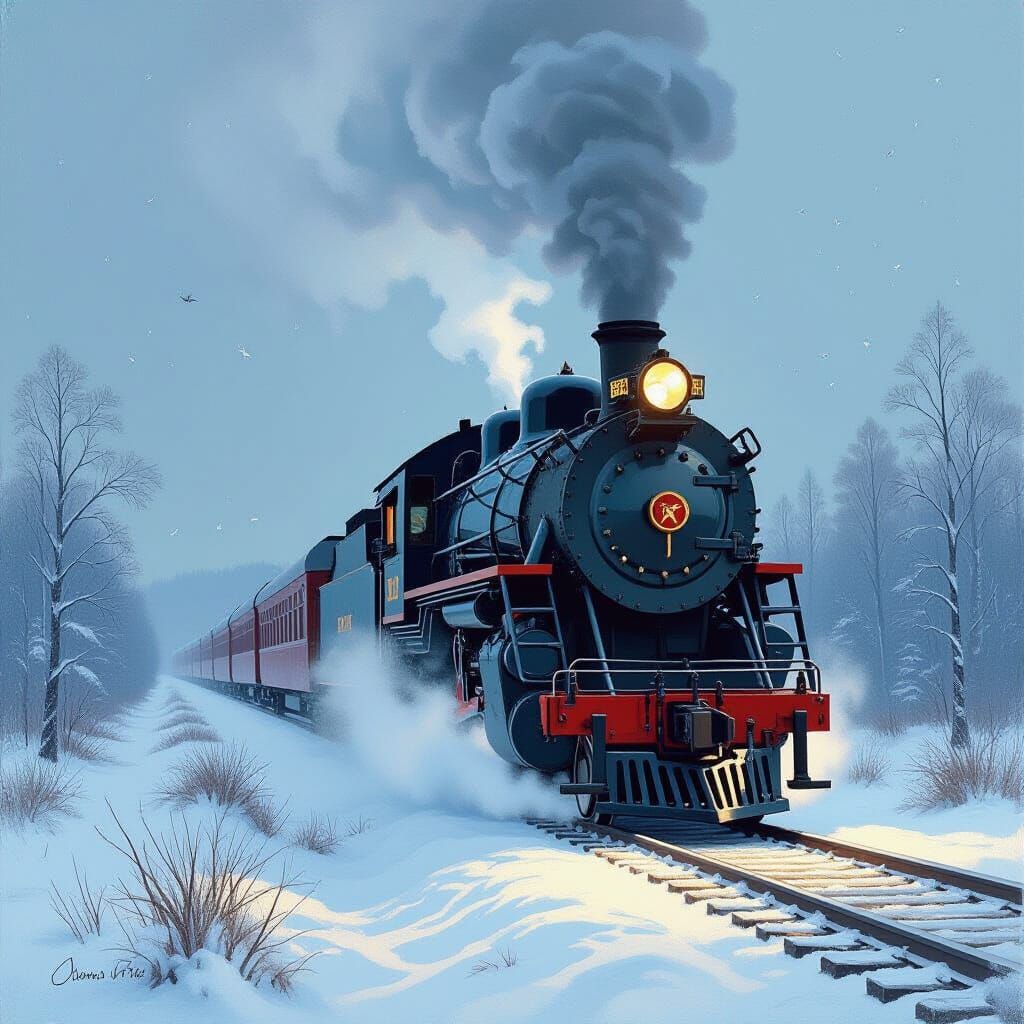 Winter Train Journey: An Oil Painting