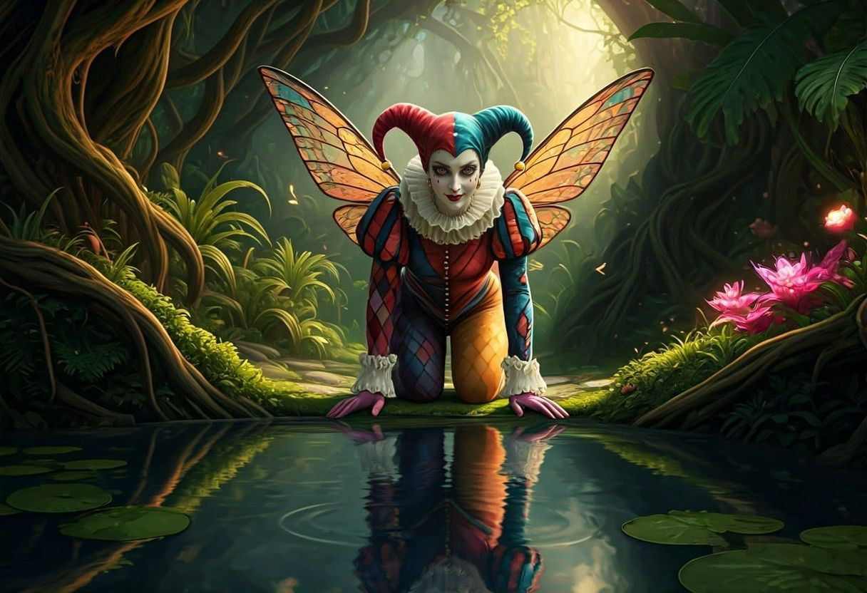 Harlequin in Whimsical Forest, Leaning Over Clear Pond