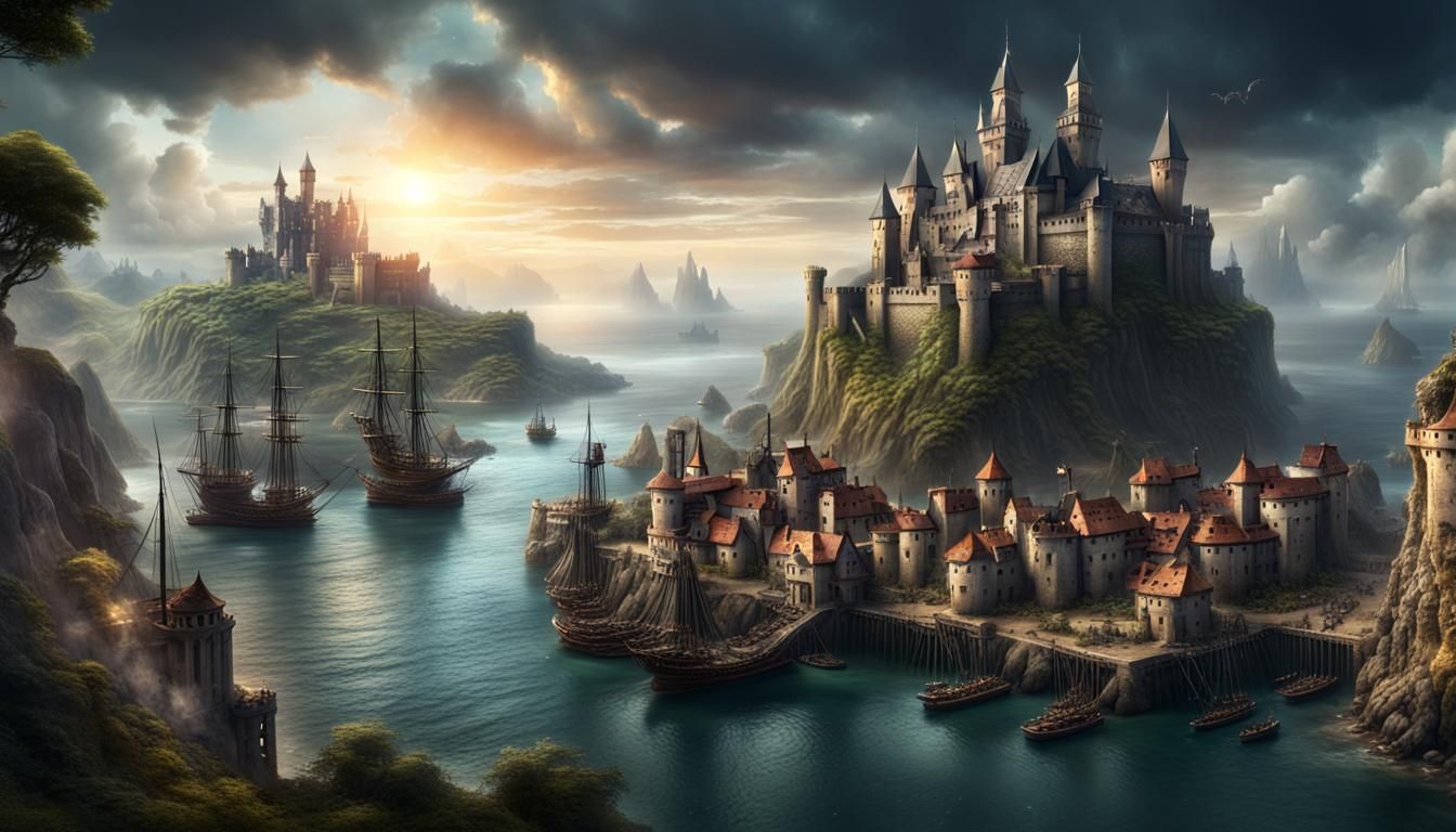 Epic Fantasy Castle and Pirate Ships in Port