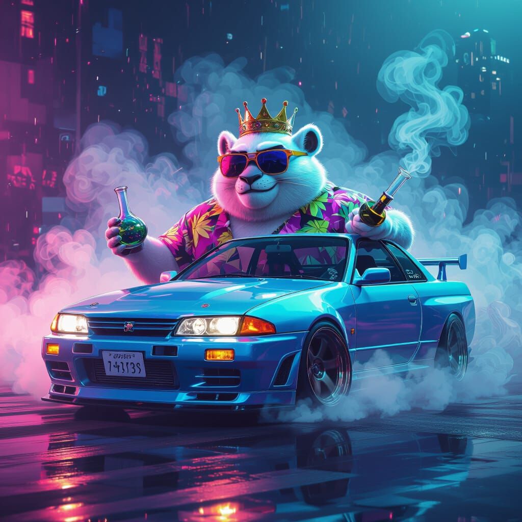 King Julian Drifting a Neon Car in Dystopian Future