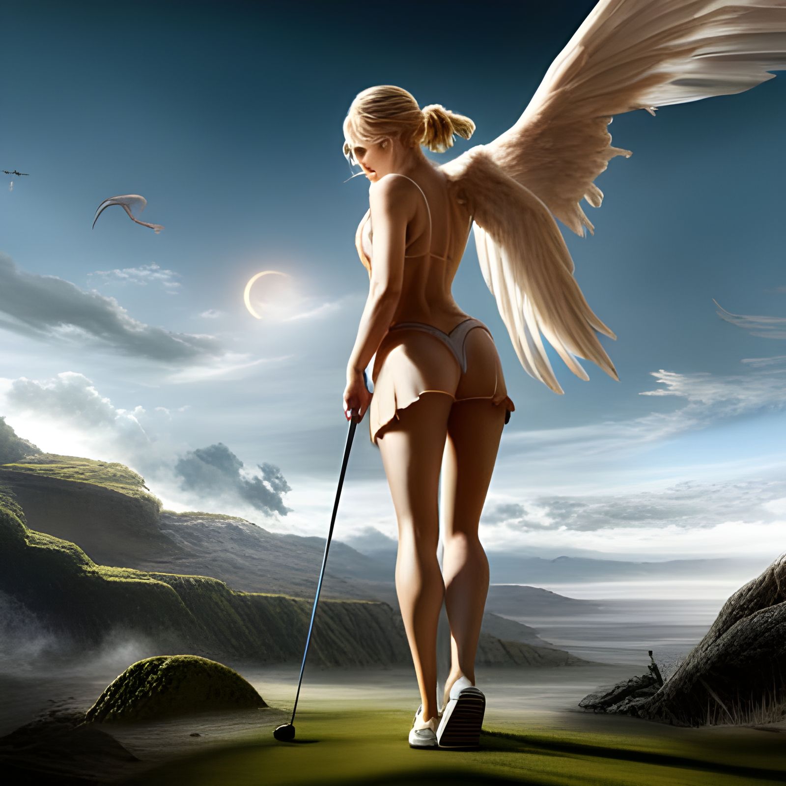 tall beautiful blonde female angel playing golf