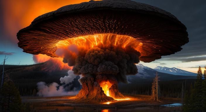 Volcano Eruption at Yellowstone Park: Oil Painting