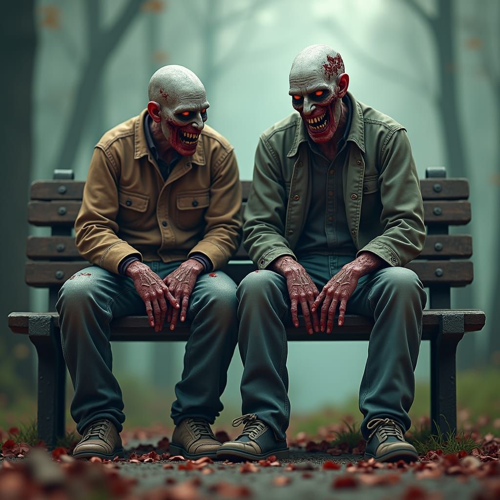 Hyperrealistic Zombies on Park Bench: Detailed Matte Paintin...