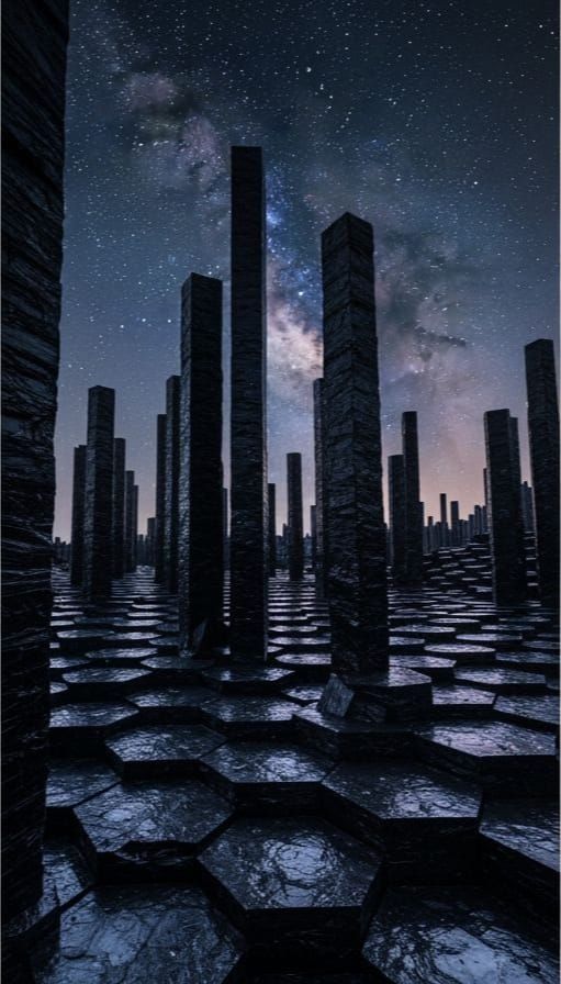 Geometric Obsidian Rock Landscape with Hex Pattern