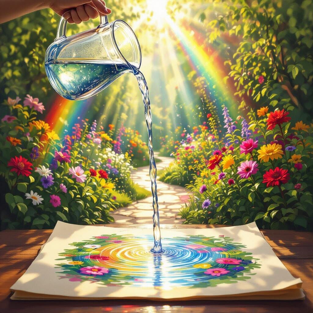 Magical Garden Blooms from Pouring Water on Canvas