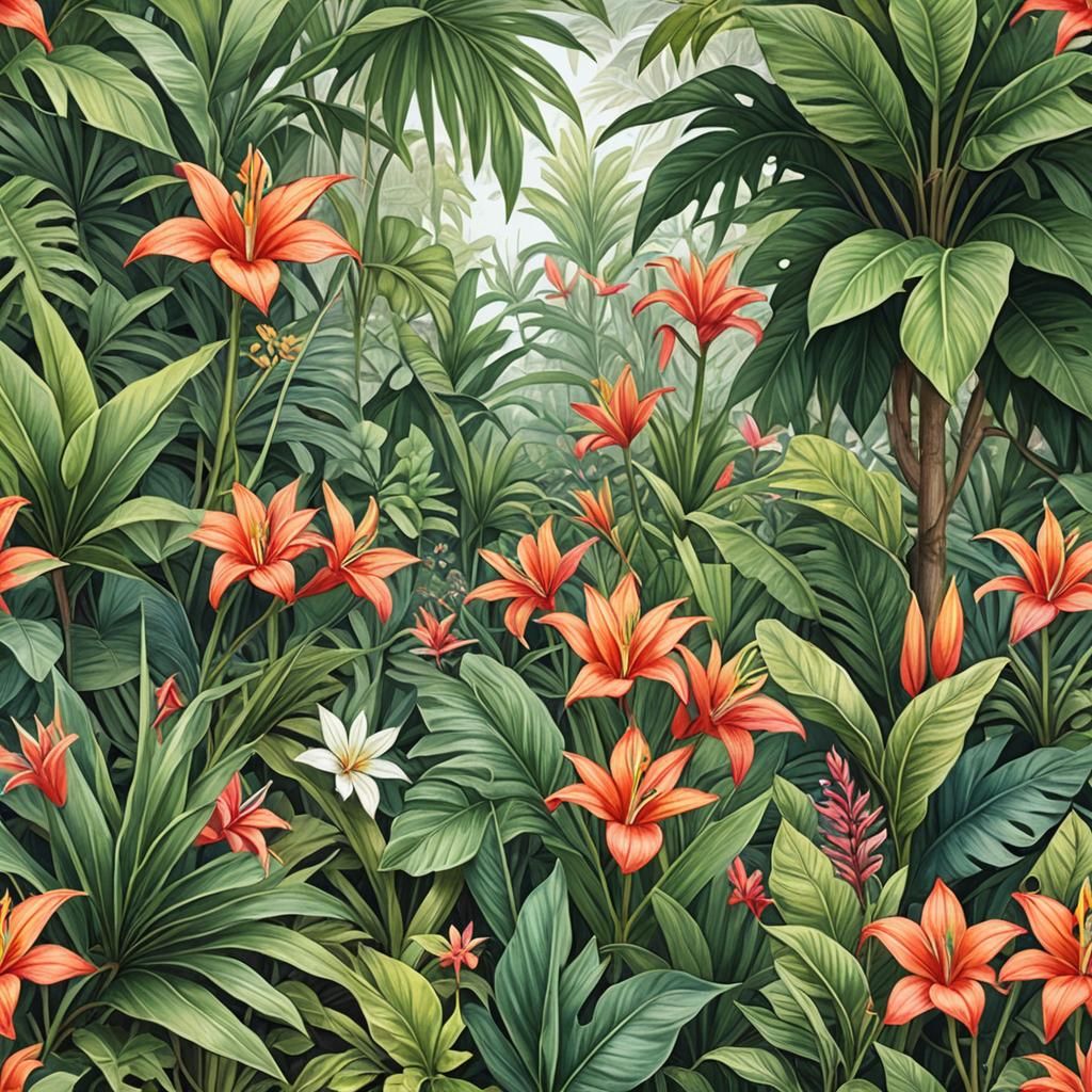 Tropical Garden in Colored Pencil Style
