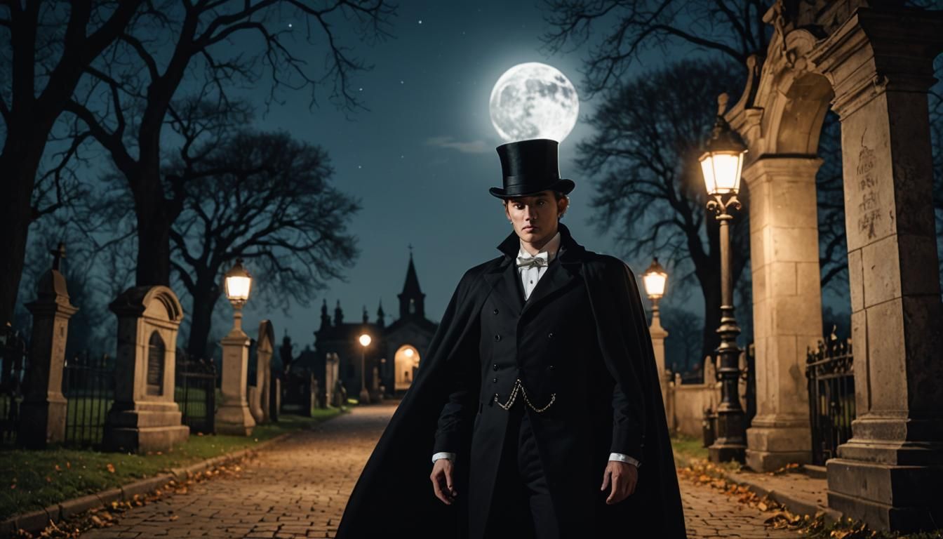 Elegant Man at Cemetery Gate Under Moonlight