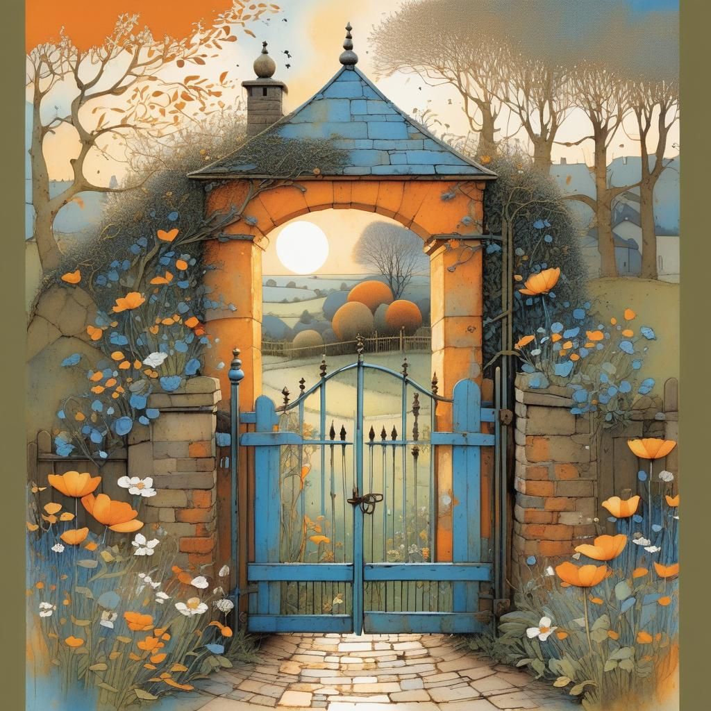 Sunrise Garden Gate in Whimsical Illustration Style