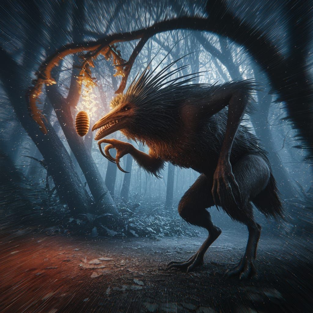 Alien Creature Eats Fireflies in Bioluminescent Forest